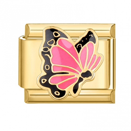 Bild von 1 Stück 304 Edelstahl Charm-Armband mit italienischen Gliedern zur Herstellung von DIY-Schmuck Vergoldet Fuchsie Rechteck Schmetterling 10mm x 9mm