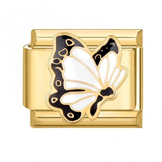 Bild von 1 Stück 304 Edelstahl Charm-Armband mit italienischen Gliedern zur Herstellung von DIY-Schmuck Vergoldet Schwarz Rechteck Schmetterling 10mm x 9mm