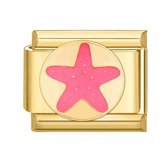 Bild von 1 Stück 304 Edelstahl Charm-Armband mit italienischen Gliedern zur Herstellung von DIY-Schmuck Vergoldet Rosa Rechteck Seesterne 10mm x 9mm