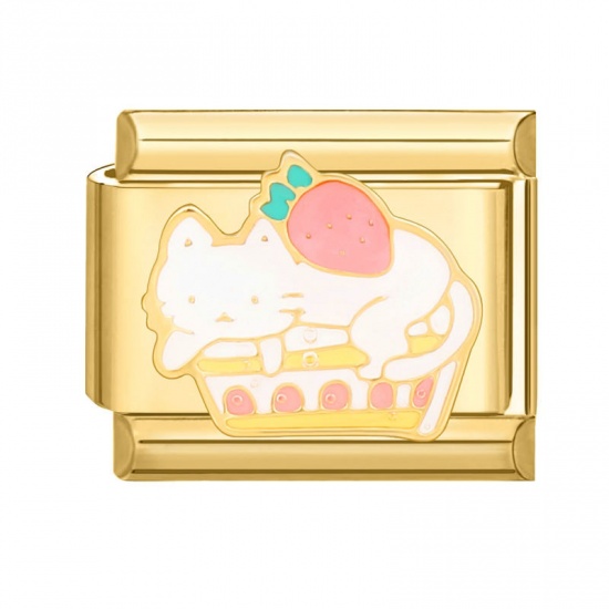 Bild von 1 Stück 304 Edelstahl Charm-Armband mit italienischen Gliedern zur Herstellung von DIY-Schmuck Vergoldet Bunt Rechteck Katze 10mm x 9mm