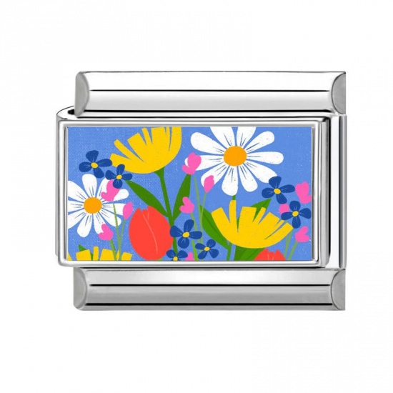 Immagine di 1 Pz 304 Acciaio Inossidabile Bracciale con Charm Italiano a Maglie, Creazione di Gioielli Fai-da-te Tono Argento Multicolore Rettangolo Fiore 10mm x 9mm