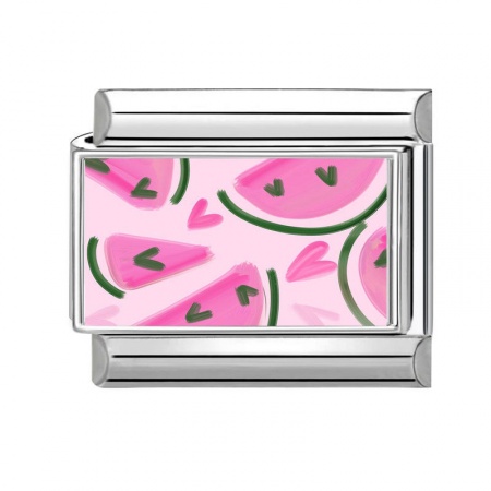 Picture of 1 Piece 304 Stainless Steel Italian Charm Links For DIY Bracelet Jewelry Making Silver Tone Pink Rectangle Watermelon Fruit 10mm x 9mm