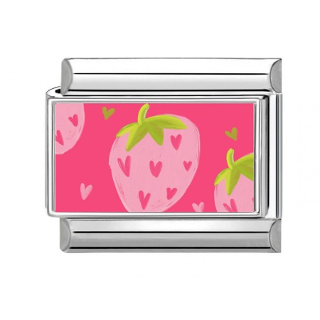 Picture of 1 Piece 304 Stainless Steel Italian Charm Links For DIY Bracelet Jewelry Making Silver Tone Pink Rectangle Strawberry Fruit 10mm x 9mm