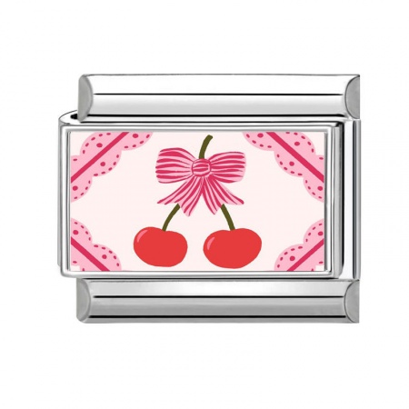 Picture of 1 Piece 304 Stainless Steel Italian Charm Links For DIY Bracelet Jewelry Making Silver Tone Pink Rectangle Cherry Fruit 10mm x 9mm