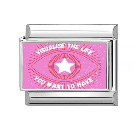 Picture of 1 Piece 304 Stainless Steel Italian Charm Links For DIY Bracelet Jewelry Making Silver Tone Fuchsia Rectangle Pentagram Star Message " Visualise The Life You Want To Have " 10mm x 9mm