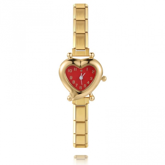 1 Piece 304 Stainless Steel Gold Plated Italian Charm Links Modular Wrist Watch, Dainty Valentine's Day Heart Red For Women Gift 18.5cm(7 2/8") long の画像