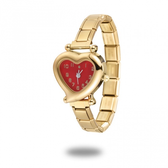 1 Piece 304 Stainless Steel Gold Plated Italian Charm Links Modular Wrist Watch, Dainty Valentine's Day Heart Red For Women Gift 18.5cm(7 2/8") long の画像