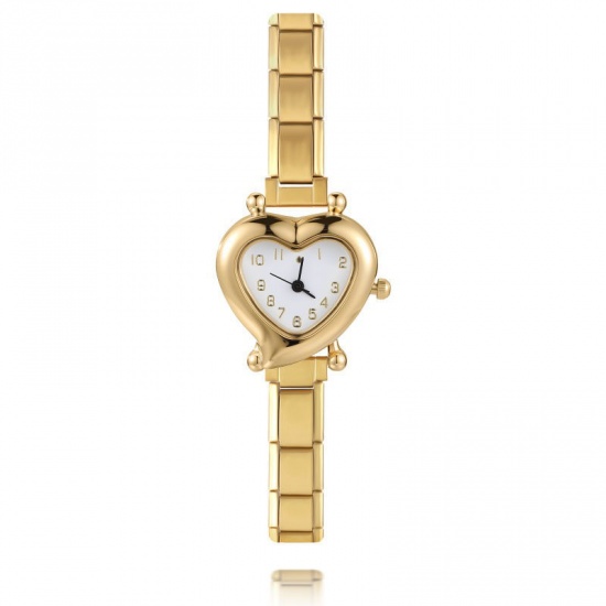 1 Piece 304 Stainless Steel Gold Plated Italian Charm Links Modular Wrist Watch, Dainty Valentine's Day Heart White For Women Gift 18.5cm(7 2/8") long の画像
