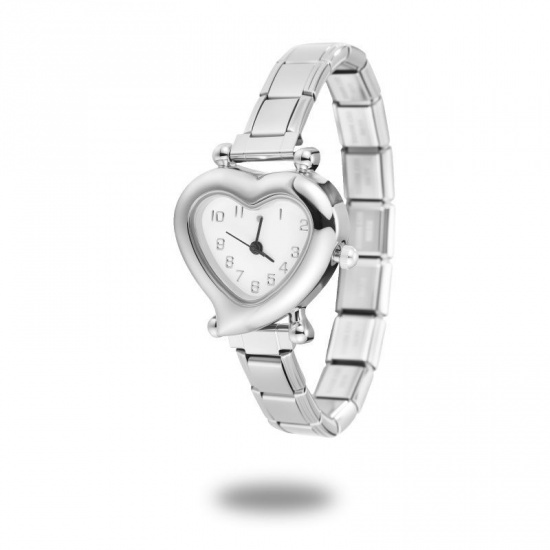 1 Piece 304 Stainless Steel Silver Tone Italian Charm Links Modular Wrist Watch, Dainty Valentine's Day Heart White For Women Gift 18.5cm(7 2/8") long の画像