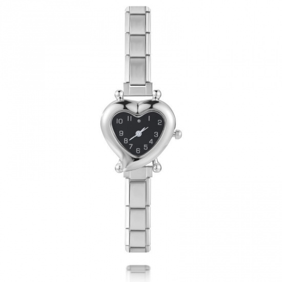1 Piece 304 Stainless Steel Silver Tone Italian Charm Links Modular Wrist Watch, Dainty Valentine's Day Heart Black For Women Gift 18.5cm(7 2/8") long の画像
