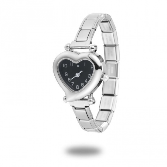 1 Piece 304 Stainless Steel Silver Tone Italian Charm Links Modular Wrist Watch, Dainty Valentine's Day Heart Black For Women Gift 18.5cm(7 2/8") long の画像