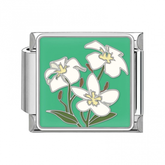 Immagine di 1 Pz 304 Acciaio Inossidabile Bracciale con Charm Italiano a Maglie, Creazione di Gioielli Fai-da-te Tono Argento Multicolore Rettangolo Fiore 10mm x 9mm