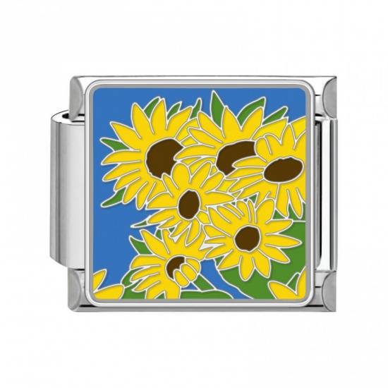 Immagine di 1 Pz 304 Acciaio Inossidabile Bracciale con Charm Italiano a Maglie, Creazione di Gioielli Fai-da-te Tono Argento Multicolore Rettangolo Fiore 10mm x 9mm