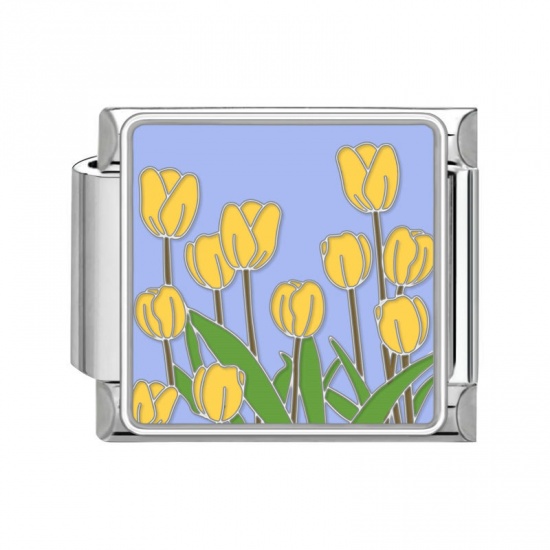 Immagine di 1 Pz 304 Acciaio Inossidabile Bracciale con Charm Italiano a Maglie, Creazione di Gioielli Fai-da-te Tono Argento Multicolore Rettangolo Fiore del Tulipano 10mm x 9mm