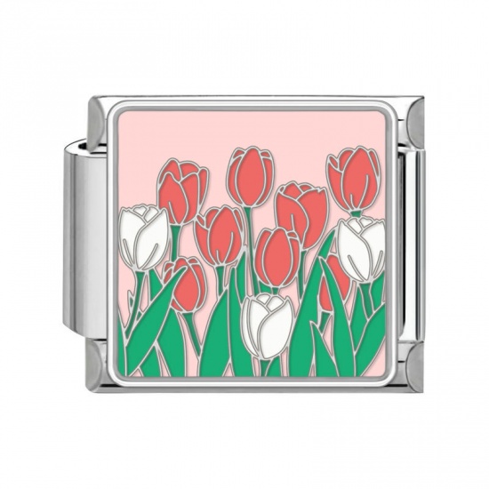 Immagine di 1 Pz 304 Acciaio Inossidabile Bracciale con Charm Italiano a Maglie, Creazione di Gioielli Fai-da-te Tono Argento Multicolore Rettangolo Fiore del Tulipano 10mm x 9mm