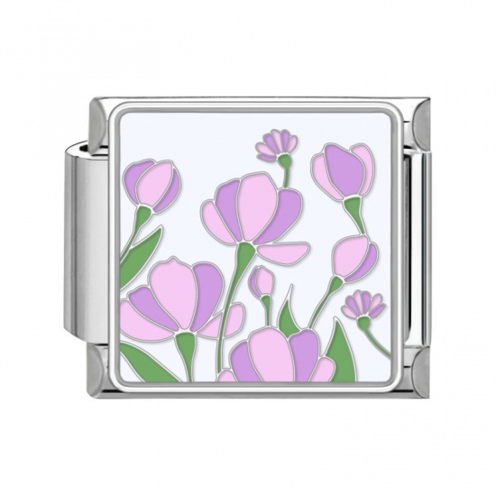 Immagine di 1 Pz 304 Acciaio Inossidabile Bracciale con Charm Italiano a Maglie, Creazione di Gioielli Fai-da-te Tono Argento Multicolore Rettangolo Fiore 10mm x 9mm
