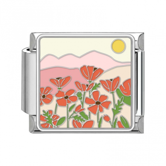 Immagine di 1 Pz 304 Acciaio Inossidabile Bracciale con Charm Italiano a Maglie, Creazione di Gioielli Fai-da-te Tono Argento Multicolore Rettangolo Fiore 10mm x 9mm