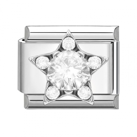 Picture of 1 Piece 304 Stainless Steel Italian Charm Links For DIY Modular Bracelet Watch Jewelry Making Wholesale Silver Tone Rectangle Pentagram Star Clear Rhinestone 10mm x 9mm