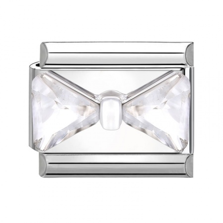 Picture of 1 Piece 304 Stainless Steel Italian Charm Links For DIY Modular Bracelet Watch Jewelry Making Wholesale Silver Tone Rectangle Bowknot Clear Rhinestone 10mm x 9mm