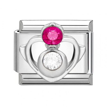Picture of 1 Piece 304 Stainless Steel Valentine's Day Italian Charm Links For DIY Modular Bracelet Watch Jewelry Making Wholesale Silver Tone Rectangle Heart Fuchsia Rhinestone 10mm x 9mm