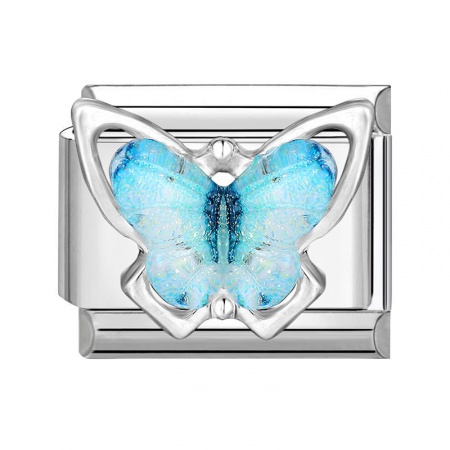 Picture of 1 Piece 304 Stainless Steel Italian Charm Links For DIY Modular Bracelet Watch Jewelry Making Wholesale Silver Tone Blue Rectangle Butterfly 10mm x 9mm