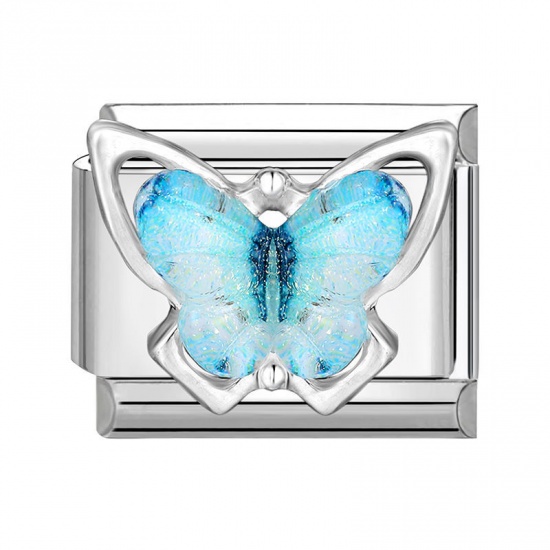 Image de 1 Pièce Bracelet à Maillons Breloques Italiens Accessories de Fabrication de Bracelets Bijoux DIY en 304 Acier Inoxydable Argent Mat Bleu Rectangle Papillons 10mm x 9mm