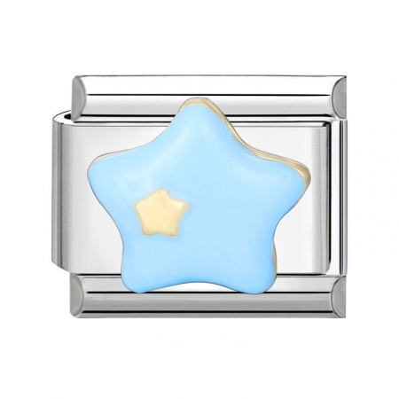 Picture of 1 Piece 304 Stainless Steel Italian Charm Links For DIY Modular Bracelet Watch Jewelry Making Wholesale Silver Tone Blue Enamel Rectangle Pentagram Star 10mm x 9mm