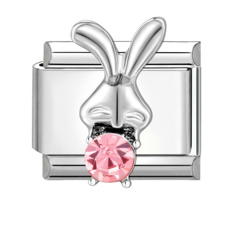 Picture of 1 Piece 304 Stainless Steel Italian Charm Links For DIY Modular Bracelet Watch Jewelry Making Wholesale Silver Tone Rectangle Rabbit Pink Rhinestone 10mm x 9mm