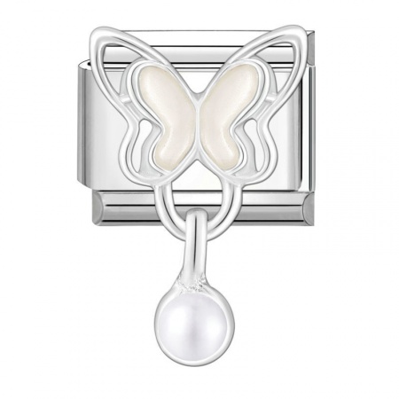 Picture of 1 Piece 304 Stainless Steel Italian Charm Links For DIY Modular Bracelet Watch Jewelry Making Wholesale Silver Tone Rectangle Butterfly Imitation Pearl 10mm x 9mm