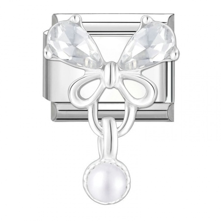 Picture of 1 Piece 304 Stainless Steel Italian Charm Links For DIY Modular Bracelet Watch Jewelry Making Wholesale Silver Tone Rectangle Butterfly Imitation Pearl Clear Rhinestone 10mm x 9mm