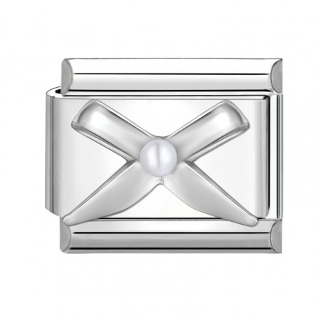 Picture of 1 Piece 304 Stainless Steel Italian Charm Links For DIY Modular Bracelet Watch Jewelry Making Wholesale Silver Tone Rectangle Bowknot Imitation Pearl 10mm x 9mm