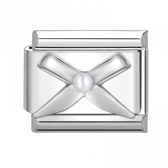 Picture of 1 Piece 304 Stainless Steel Italian Charm Links For DIY Bracelet Jewelry Making Silver Tone Rectangle Bowknot Imitation Pearl 10mm x 9mm