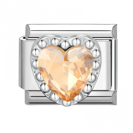 Picture of 1 Piece 304 Stainless Steel Valentine's Day Italian Charm Links For DIY Bracelet Jewelry Making Silver Tone Rectangle Heart Light Beige Rhinestone 10mm x 9mm
