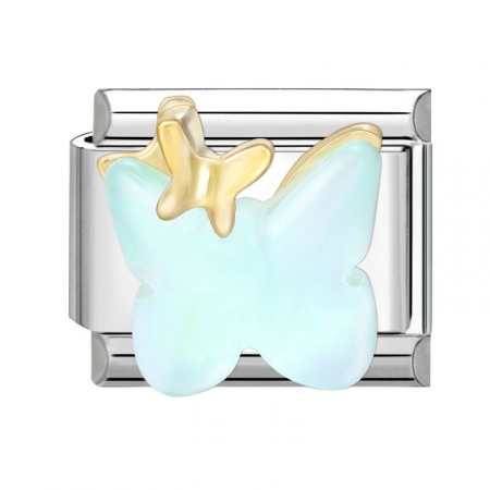 Picture of 1 Piece 304 Stainless Steel Italian Charm Links For DIY Modular Bracelet Watch Jewelry Making Wholesale Silver Tone Green Enamel Rectangle Butterfly 10mm x 9mm