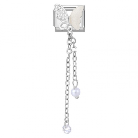 Picture of 1 Piece 304 Stainless Steel Italian Charm Links For DIY Bracelet Jewelry Making Wholesale Silver Tone Tassel Butterfly Imitation Pearl 10mm x 9mm