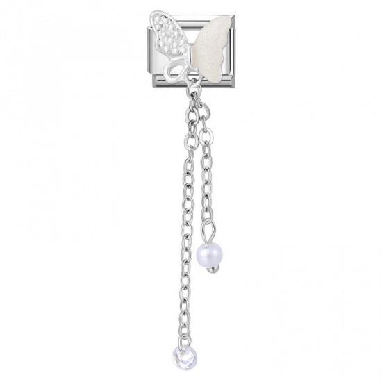 Imagen de 1 Unidad 304 Acero Inoxidable Charm Pulsera de Eslabones Italianos para Hacer Joyas DIY Tono de Plata Panícula Mariposa Imitación de perla 10mm x 9mm