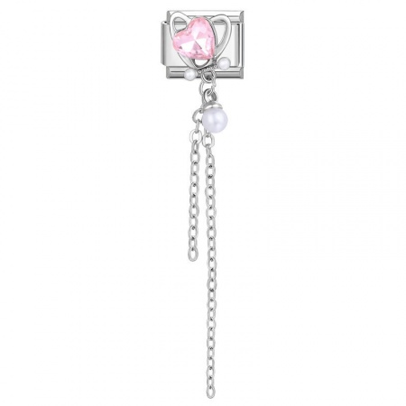 Picture of 1 Piece 304 Stainless Steel Valentine's Day Italian Charm Links For DIY Bracelet Jewelry Making Wholesale Silver Tone Tassel Heart Pink Rhinestone 10mm x 9mm