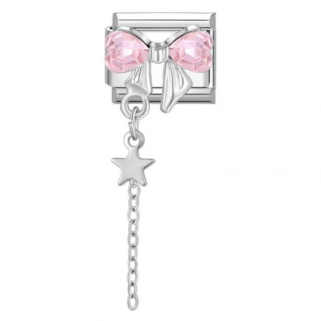 Picture of 1 Piece 304 Stainless Steel Italian Charm Links For DIY Bracelet Jewelry Making Wholesale Silver Tone Tassel Bowknot Pink Rhinestone 10mm x 9mm