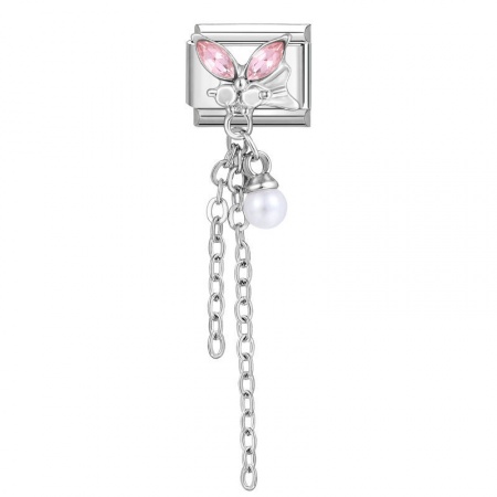 Picture of 1 Piece 304 Stainless Steel Italian Charm Links For DIY Bracelet Jewelry Making Wholesale Silver Tone Tassel Butterfly Pink Rhinestone 10mm x 9mm