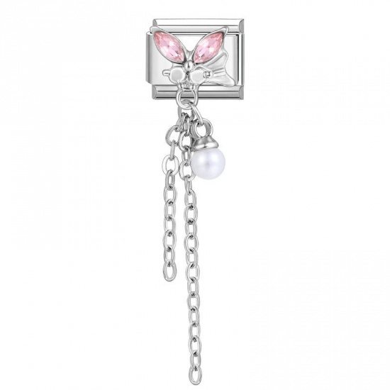 Imagen de 1 Unidad 304 Acero Inoxidable Charm Pulsera de Eslabones Italianos para Hacer Joyas DIY Tono de Plata Panícula Mariposa Rosa Rhinestone 10mm x 9mm