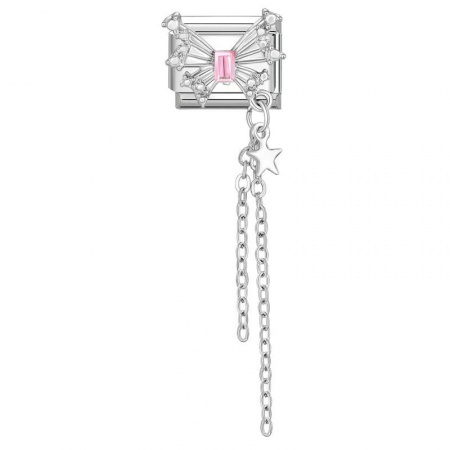 Picture of 1 Piece 304 Stainless Steel Italian Charm Links For DIY Bracelet Jewelry Making Wholesale Silver Tone Tassel Butterfly Pink Rhinestone 10mm x 9mm