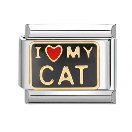 Picture of 1 Piece 304 Stainless Steel Italian Charm Links For DIY Bracelet Jewelry Making Silver Tone Black Rectangle Message " I Love My Cat " 10mm x 9mm