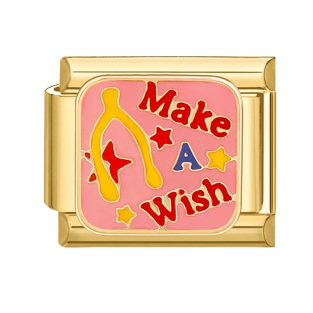 Picture of 1 Piece 304 Stainless Steel Italian Charm Links For DIY Bracelet Jewelry Making Gold Plated Multicolor Rectangle Message " Make A Wish " 10mm x 9mm
