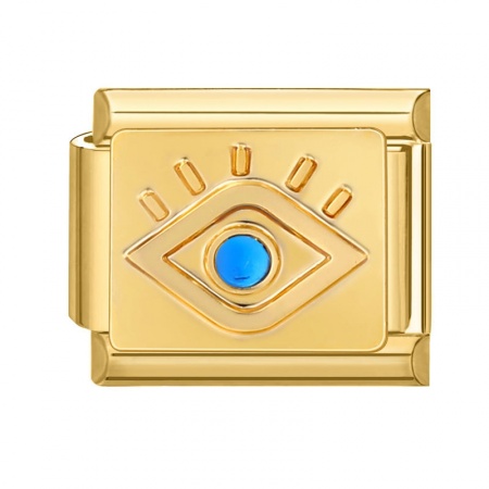 Picture of 1 Piece 304 Stainless Steel Italian Charm Links For DIY Bracelet Jewelry Making Gold Plated Rectangle Eye Blue Rhinestone 10mm x 9mm