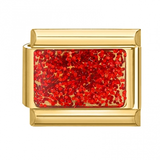Picture of 1 Piece 304 Stainless Steel Italian Charm Links For DIY Bracelet Jewelry Making Gold Plated Red Rectangle Sequins 10mm x 9mm