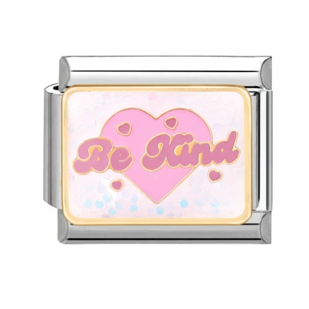 Picture of 1 Piece 304 Stainless Steel Valentine's Day Italian Charm Links For DIY Bracelet Jewelry Making Silver Tone Pink Rectangle Heart Message " BE KIND " 10mm x 9mm