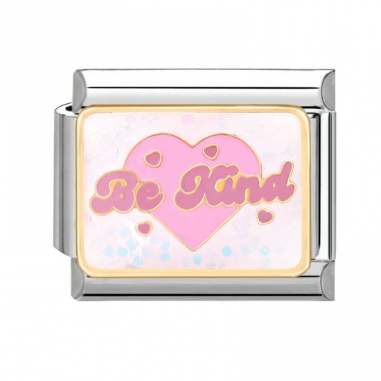 Immagine di 1 Pz 304 Acciaio Inossidabile San Valentino Bracciale con Charm Italiano a Maglie, Creazione di Gioielli Fai-da-te Tono Argento Rosa Rettangolo Cuore Messaggio " BE KIND " 10mm x 9mm