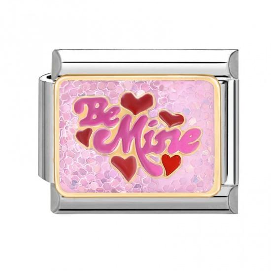 Immagine di 1 Pz 304 Acciaio Inossidabile San Valentino Bracciale con Charm Italiano a Maglie, Creazione di Gioielli Fai-da-te Tono Argento Rosa Rettangolo Cuore Messaggio " BE MINE " 10mm x 9mm