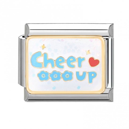 Immagine di 1 Pz 304 Acciaio Inossidabile San Valentino Bracciale con Charm Italiano a Maglie, Creazione di Gioielli Fai-da-te Tono Argento Multicolore Rettangolo Cuore Messaggio " Cheer Up " 10mm x 9mm