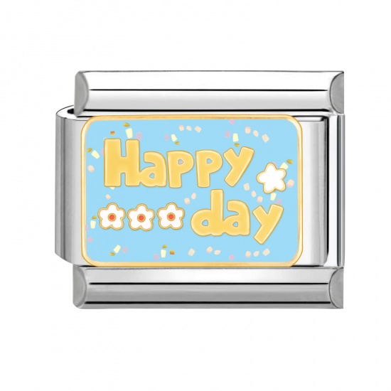 Immagine di 1 Pz 304 Acciaio Inossidabile Bracciale con Charm Italiano a Maglie, Creazione di Gioielli Fai-da-te Tono Argento Multicolore Rettangolo Messaggio " Happy Day " 10mm x 9mm